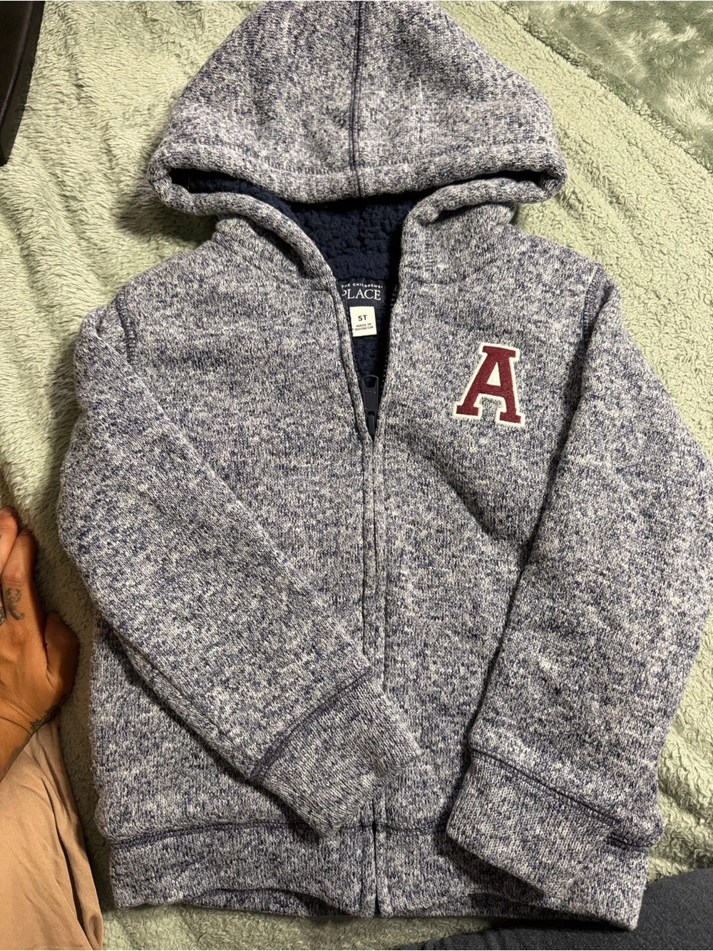 The Children's Place Heathered Navy Zip Hoodie with Maroon 'A' Patch